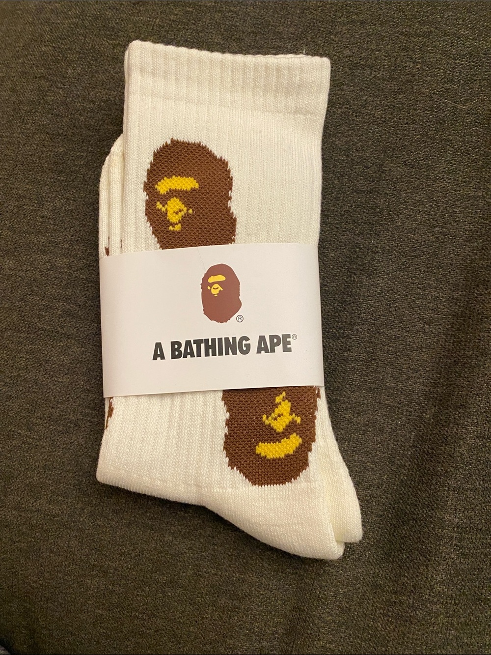 Bape White Crew Socks with Brown and Yellow Ape Motif